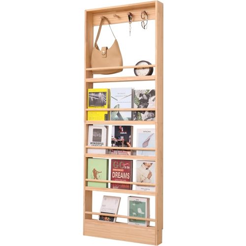 Wooden 5 Tiers Kids Bookshelf, Wall Mount Shelf with Hooks, Organizer for Toys and Books (Nature)