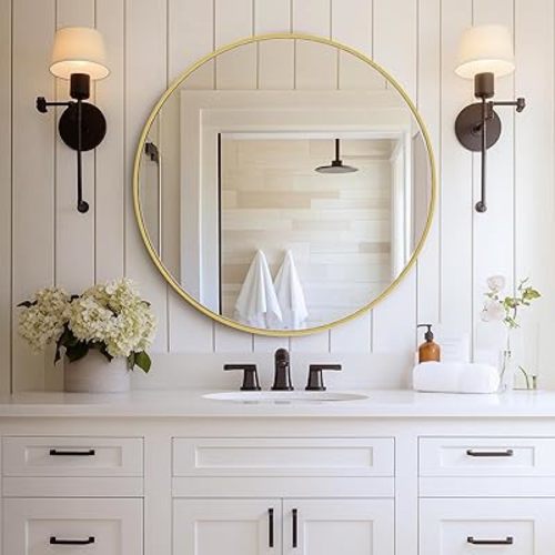 DUMOS Gold Circle Mirror for Wall 30.02 inch, Bathroom Round Mirror for Over Sink, Bathroom, Entryway, Bedroom, Vanity