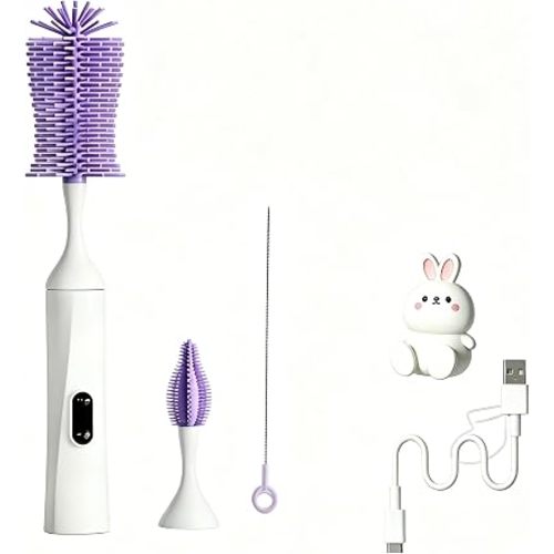 Rechargeable Electric Bottle Brush, Powerful Auto Spinning Baby Bottle Cleaner with Silicone Bristles, Multifunctional Electric Cleaning Brush for Bottles, Sippy Cups & Water Bottles, BPA-Free (Mauve)
