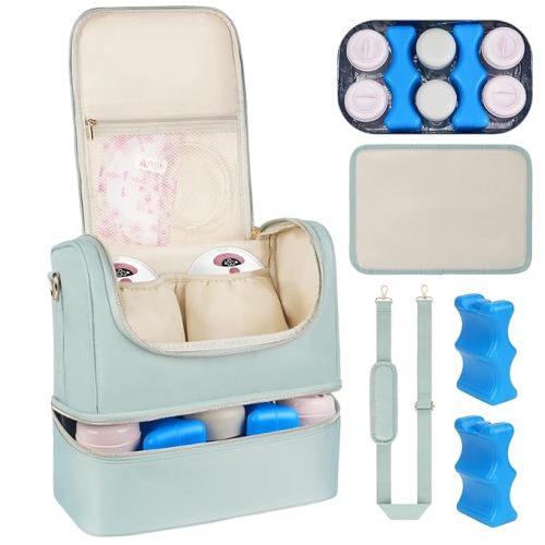 Wearable Breast Pump Bag with Cooler Compartment Fits for Willow/Elvie/Momcozy M5/S12 Pro/Medela, Breast Milk Travel Tote Bag with Ice Pack & Waterproof Mat,Mint Green