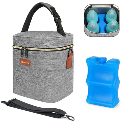 Mancro Insulated Breastmilk Cooler Bag Fits 4 Baby Bottles Up to 9 Ounce，Compact Baby Bottle Travel Bag with Ice Pack for Nursing Mom, Grey