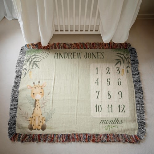 Custom Giraffe Growth Blanket Giraffe Baby Month Blanket Giraffe Woven Blanket Baby Shower Boy or Girl Gift Giraffe Milestone Giraffe Lovers