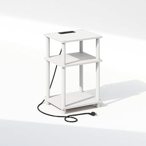 Furinno JUST Night Stand, 3-Tier Turn-N-Tube Nightstand with Charging Station, Bedside Table, End Table, Side Table with USB and Type-C Port, for Bedroom, Closet, Dorm, White