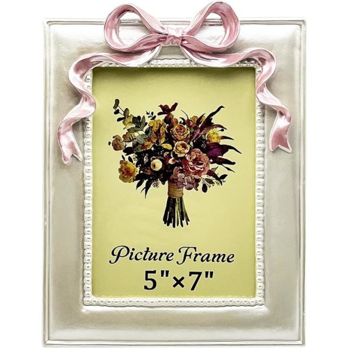 Vintage Picture Frame 5x7 Inch, Ornate Cute Photo Frames with Glass Front, Pink Bow Design, Tabletop & Wall Hanging, Girls Room, Gift Ideas, Pearly White