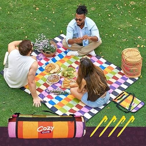 Cozy Club Waterproof Picnic Blanket Foldable Outdoor Mat with Pocket, Stakes & Shoulder Strap | Sandproof, Durable & Portable for Beach, Camping, Sporting Events & Travel | US Brand