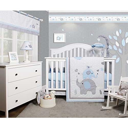 Bumperless 5 Pieces OptimaBaby Blue Grey Elephant Baby Nursery Set - Baby Bedding, Baby Crib Bedding Sets for Boys - Baby Boy Bedding Sets for Cribs - Crib Bedding for Baby - Boys Crib Bedding Sets