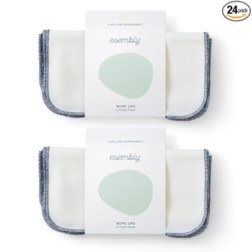 Esembly Wipe Ups, Organic Cotton Reusable Baby Wipes, Soft and Sturdy Washable Cloth Diaper Wipe, One Size, 2 x 12-pk (24 wipes)