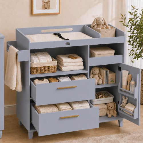 Zimtown 2-1 Baby Changing Table with Drawers & Shelf, Nursery Dresser with Storage, Infant Diaper Changing Station for Children's Room, Gray