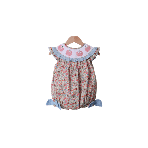 Smocked Floral Pink Pumpkin Bishop Bow Bubble