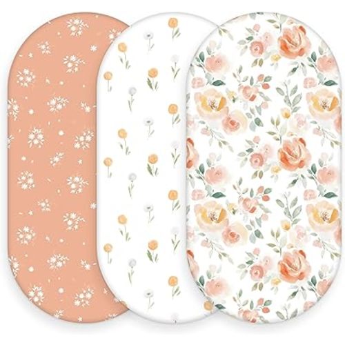 Baby Bassinet Sheets, 3 Pack Fitted Bassinet Mattress Sheets, Compatible with Halo Bassinest Swivel Sleeper & Oval Hourglass Rectangle Mattress, Ultra Soft Orange Watercolor Flower