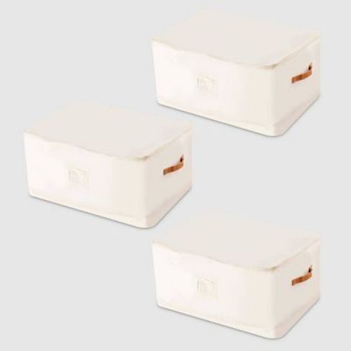 VUSIGN 3pk Zippered Storage Baskets Cotton Linen Light Beige