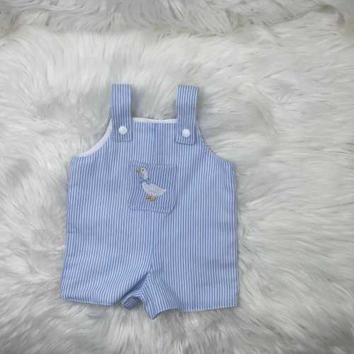 Baby Boy Blue Seersucker Romper with Goose Embroidery, Embroidered goose overall for Toddler, Classic Southern Summer Baby Outfit
