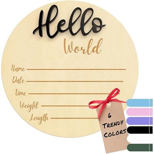 Baby Announcement Sign – 6” Wooden Hello World Newborn Name Sign, Hospital Birth Stat Plaque, Gender-Neutral Welcome Baby Keepsake, Personalized Photo Prop for Boys & Girls, Newborn Gift (Black)