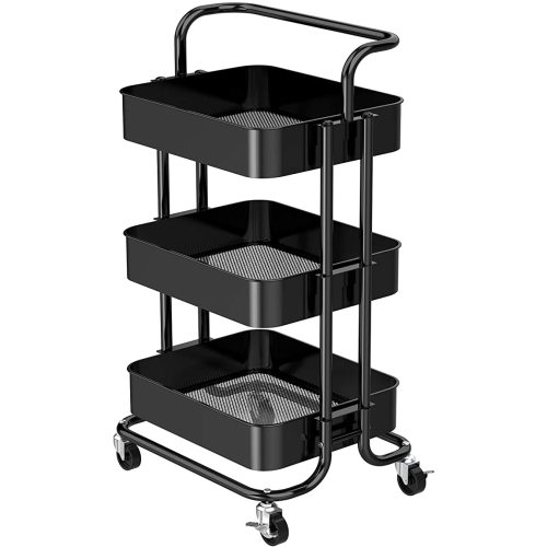 FURNINXS 3 Tier Rolling Cart with Wheels White Metal Utility Cart with Handle Rolling Storage Organizer Trolley Cart for Kitchen, Office, Home, School (Black)
