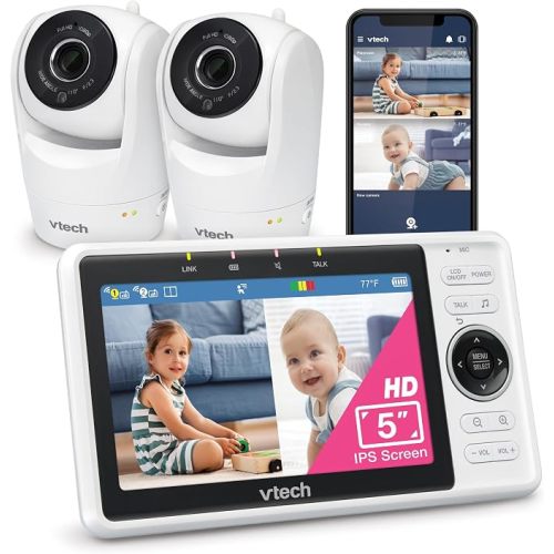 VTech Smart WiFi Baby Monitor, 2 Cameras – See Both Rooms at Home or from Anywhere, Free App, 1080p Split Screen, 5" HD Screen, Pan-Tilt-Zoom, Night Vision | VM901-2