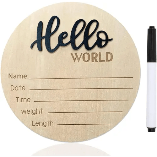 Baby Announcement Sign, 5.9 Inch Wooden Hello World Newborn Signs, Birth Announcement Sign, Baby Shower Hospital Nursery for Newborn Boys and Girls (Black,Pen)