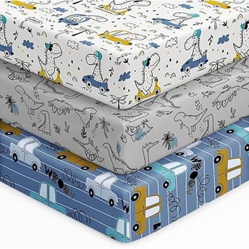 Baby Crib Sheets for Boys Girls, 28x52x8in Fitted Crib Sheet Neutral 3 Pack for Standard Crib and Toddler Mattress, Breathable Soft Microfiber Baby Sheet Grey & Blue Car