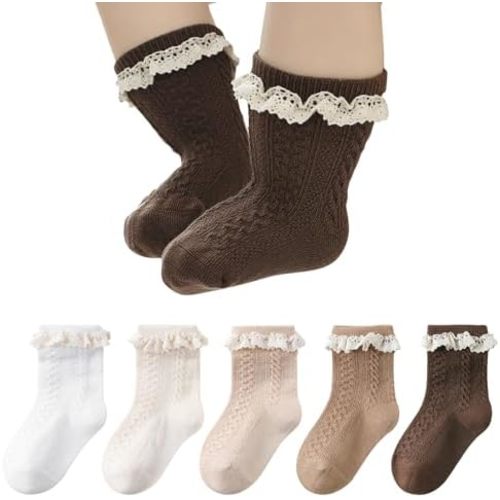 Meeshine 5 Pack Toddler Girls Ruffle Socks Eyelet Lace Trim Cotton Frilly Princess Dress Mesh Ankle Socks for 0-3T Infant