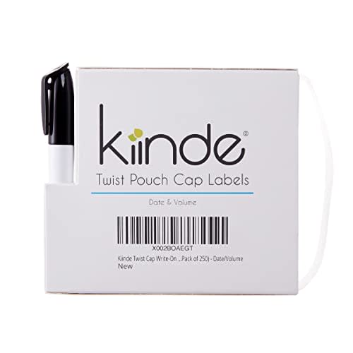 Kiinde Twist Cap Single-Use Write-On Labels for Breast Milk and Baby Food Storage Pouches (Pack of 250) - Includes Label Dispenser with Marker and Marker Holder - Date/Volume