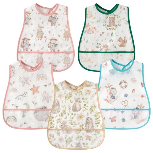 R HORSE 5Pcs Baby Bibs Set Toddler Bibs with Crumb Catcher Pocket & Snap Button Waterproof Baby Feeding Bibs for 6-24 Months
