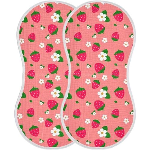 Muslin Burp Cloths for Baby Boys and Girls - 2-Pack Ultra Absorbent Strawberry Muslin Washcloths, Newborn Towel, Milk Spit Up Rags, Burp Cloth Bibs for Unisex, 22 x 11 Inch
