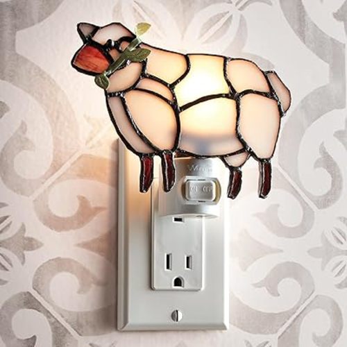 Montgomery Ward Farmhouse Sheep Stained Glass Nightlight - Soft Glow, Over 15 Pieces, 7-Watt C7 Bulb Included, 5.25" W x 4.25" H x 2.5" D