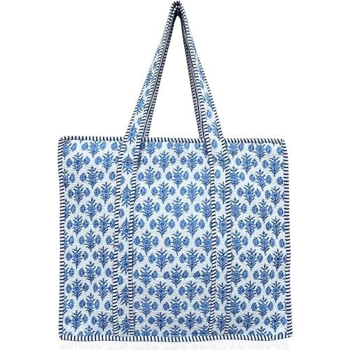 100% Cotton Quilted Tote Bag For Women 18x16– Large Zipper Reusable Beach Bag & Travel Bag Purse