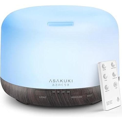 ASAKUKI Essential Oil Diffuser 500ml, Ultrasonic Aromatherapy Humidifier with Remote Control, 7 LED Colors, Timer & Auto-Off, Large Room Diffuser (Dark Brown)