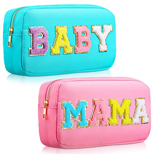 Sanwuta 2 Pieces Mama Gifts Makeup Bag Mom Birthday Gifts Nylon Cosmetic Bag Mothers Day Appreciation Toiletry Preppy Patch Chenille Letter Pouch for Women Her New Mom(Pink, Blue,Baby and Mama)