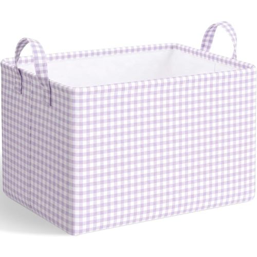 Hushee Purple Gingham Basket Checkered Storage Collapsible Bin with Handles