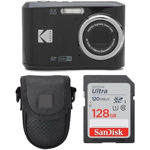 Kodak PIXPRO FZ45 Digital Camera (Black), Point & Shoot Camera Case, Sandisk 128GB SDXC Memory Card