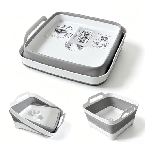 Collapsible Wash Basin with Drain Plug - 2.4 Gallon Foldable Kitchen Sink for Baby Bottles, RV Camping, Space-Saving Dish Tub (Gray) | 2.4 Gal, Collapsible Dish Basin, Drain Plug, Kitchen Sink, Camping, RV, Space-Saving, Narrow Sink, Apartment, Baby Bo...