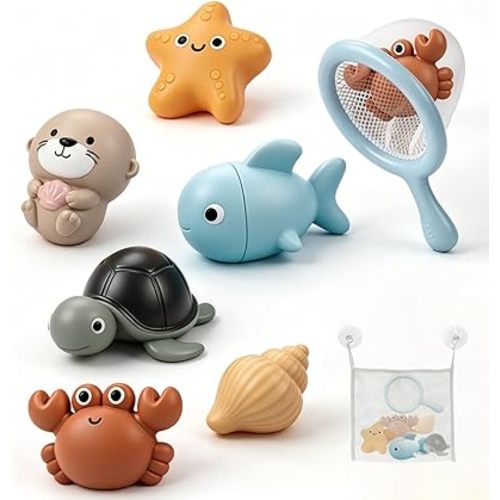 7PCS No Hole Mold Free Baby Bath Toys with Ocean Animals, Sealed Bathtub Toys for Infant with Spoons and Storage Bag, Soft, Float and Squeezeable Water Toy for Shower, Pool and Beach, Gift for 6-12M+