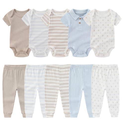 MAMIMAKA Newborn Baby Layette Gift Set 10-Piece Baby Boy Girl Short Sleeve Bodysuits with Pants Infant Outfit Essentials