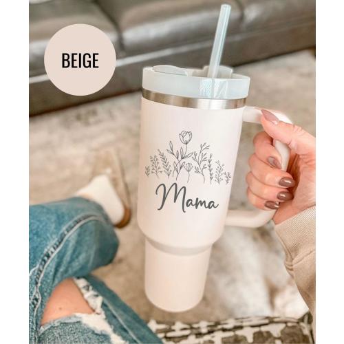 Engraved Mama Tumbler: Floral Design - Stainless Steel with Straw