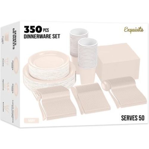 Crown Display 350-Piece Disposable Dinnerware Set – Paper Plates, Paper Cups, Napkins, Plastic Forks, Knives & Spoons – Serves 50 Guests