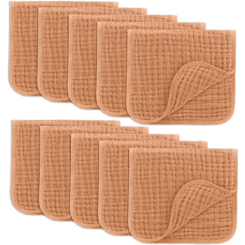 Comfy Cubs Muslin Burp Cloths 20" x 10", Pack of 10 - Large, 6-Layer, Ultra Absorbent 100% Cotton for Baby Drool and Messes - Soft, Safe & Gentle Baby Burp Cloths for Boys & Girls - Caramel