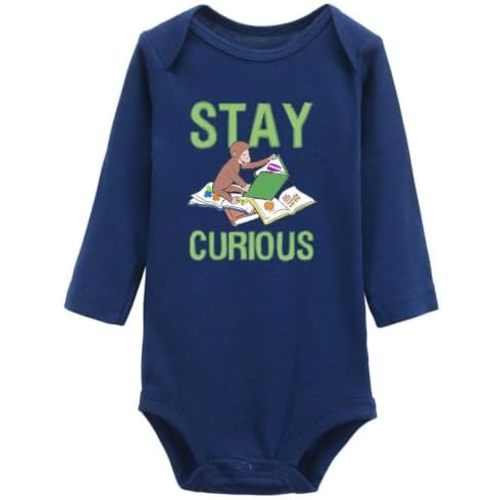 Cute Monkey Reading Baby Long Sleeve Bodysuit, Stay Curious Print Baby Apparel