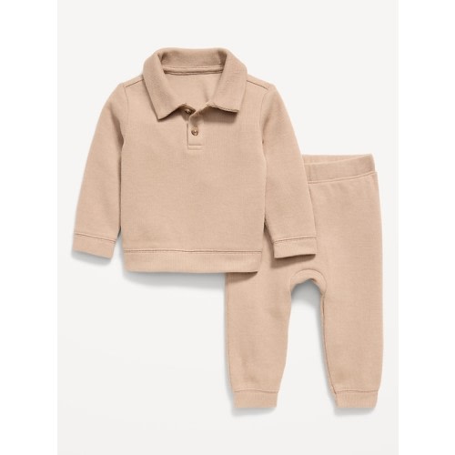 Long-Sleeve Collared Ribbed Top and Pants Set for Baby
