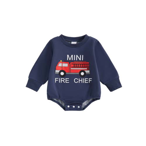 BemeyourBBs Boy Jumpsuit Long Sleeve Round Neck Fire Engine Embroidery Romper