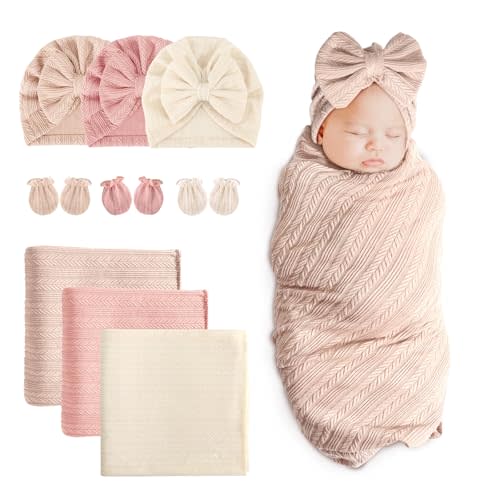 DRESHOW BQUBO Newborn Receiving Blanket Hat Mittens Set for Baby, Unisex Baby Boys Girls Essentials, Newborn Registry Must Haves, Stroller Crib Shower Gifts