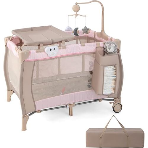 HONEY JOY Pack and Play, 3 in 1 Portable Baby Playard with Bassinet, Changing Table, Lockable Wheels, Music Box, Foldable Travel Baby Crib from Newborn to Toddler (Coffee Pink)