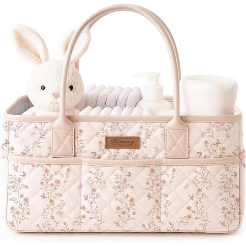 Konssy Floral Quilted Diaper Caddy Organizer, Diaper Caddy Basket with Vegan Leather Handles, Portable Nursery Storage Basket, Water-Repellent Car Organizer, Registry Search Must Haves (Floral)