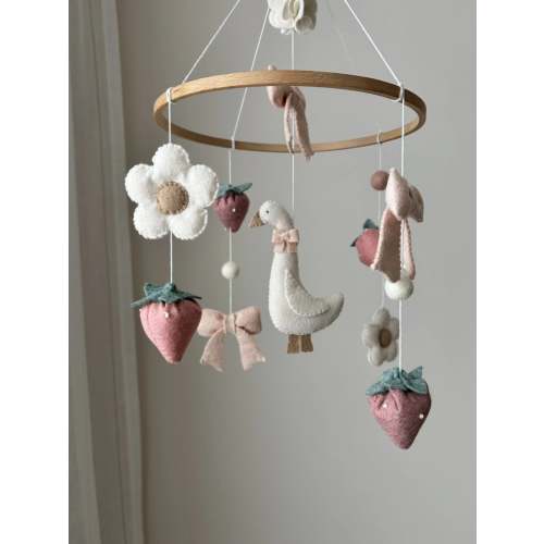 Goose Baby Mobile with Bow and Strawberries – Farmhouse Felt Nursery Decor