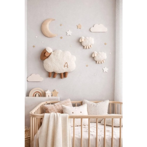 White Bouclé Sheep Handcrafted Lamp for Nursery and Kids Room Decor, Neutral Baby Room Hanging