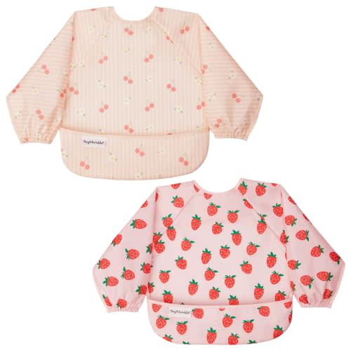 Tiny Twinkle Long Sleeve Bib for Babies&Toddlers|2-Pack Waterproof Smock Bib for Eating|Machine Washable&Mess-Proof Feeding Essentials|Newborn Shower Gift(Cherry Coquette,Strawberries,6-24M)