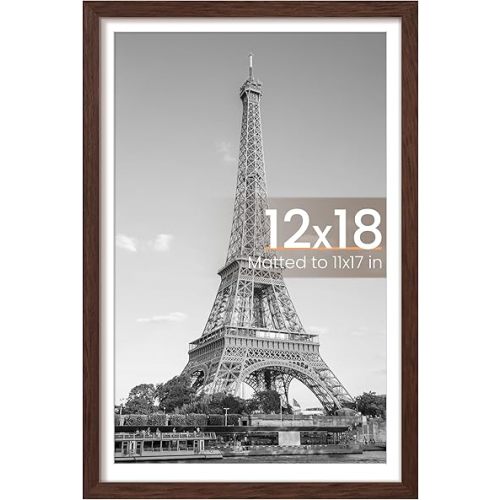 upsimples 12x18 Picture Frame, Display Pictures 11x17 with Mat or 12x18 Without Mat, Wall Hanging Photo Frame, Brown, 1 Pack