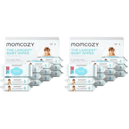 Momcozy Baby Wipes-Extra Large Size Design,99% Water Based,Unscented & Hypoallergenic,Cleansing & Moisturizing Baby Wipes for Sensitive Skin,12 Flip-Top Packs (720 Wipes Total),(Pack of 24)