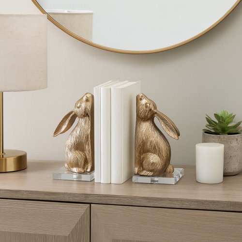 Latitude Run® Modern Bookends Bunny Figurine With Metallic Finish - Decorative Book Ends For Shelf, Home Decor Accent, And Stylish Bookshelf - Set Of 2, 9", Gold | Wayfair