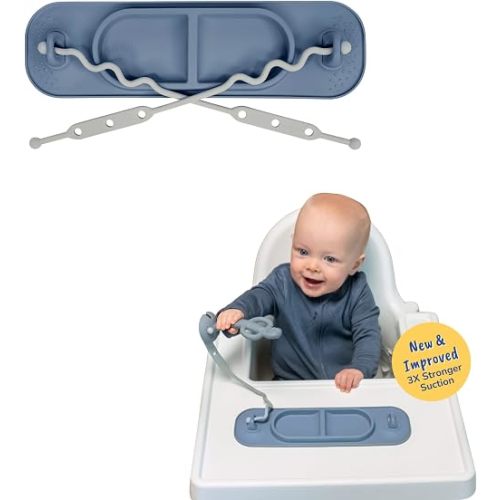 BUSY BABY Silicone Mini Mat - NEW and Improved Suction Cups, 2 Straps to Secure Baby Essentials, Self Feeding, Baby Led Weaning, Travel Wet Bag Included (Pewter Mini)